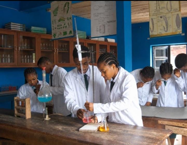 Senior secondary students carrying out an experiment in the science laboratory